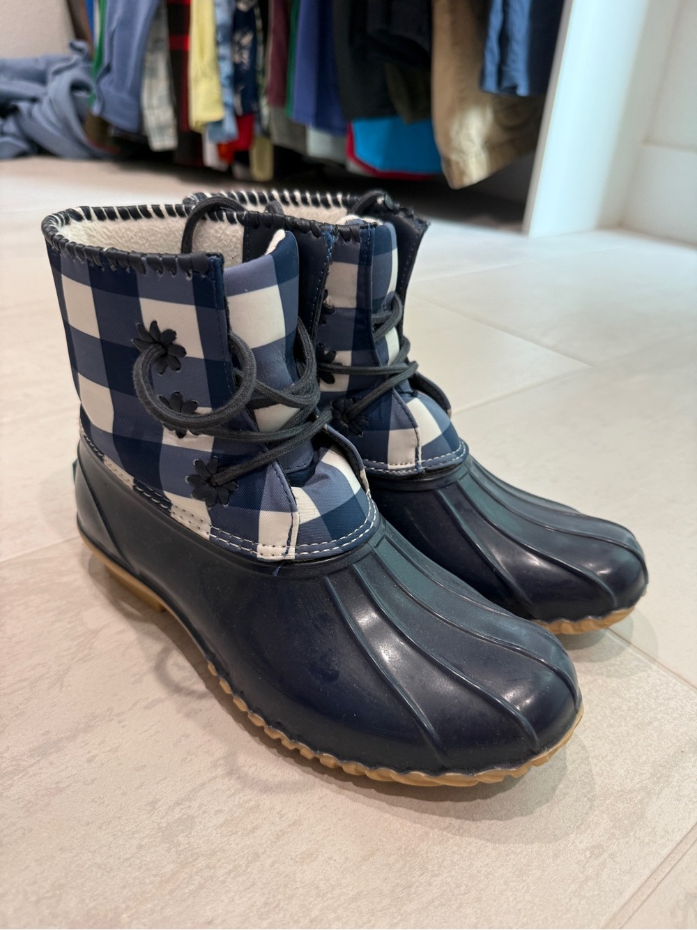 Jack Rogers Navy and White Plaid Women's Winter Rain Boots